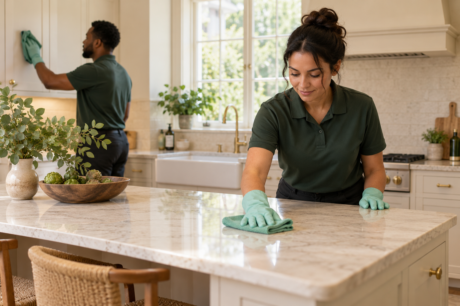 Illustrative cleaners wiping kitchen surfaces