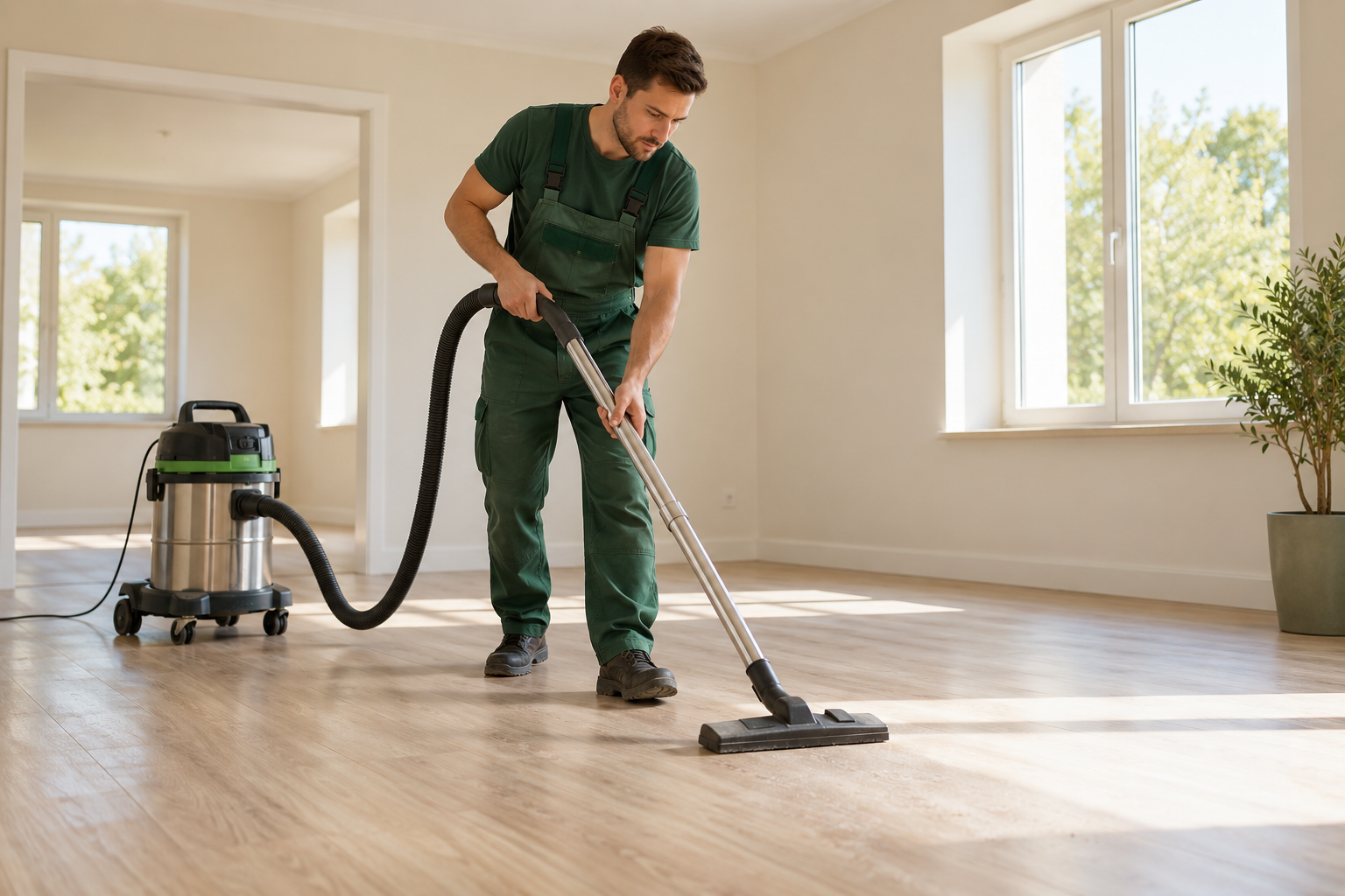 Illustrative cleaner removing dust after building work